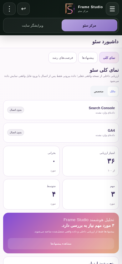 داشبورد واقعی موبایل فریم سئو Center در حالت نمایشی